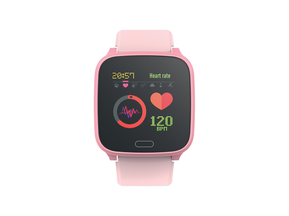 Smartwatch rosa que muestra la frecuencia cardíaca y métricas de tiempo en una pantalla negra.