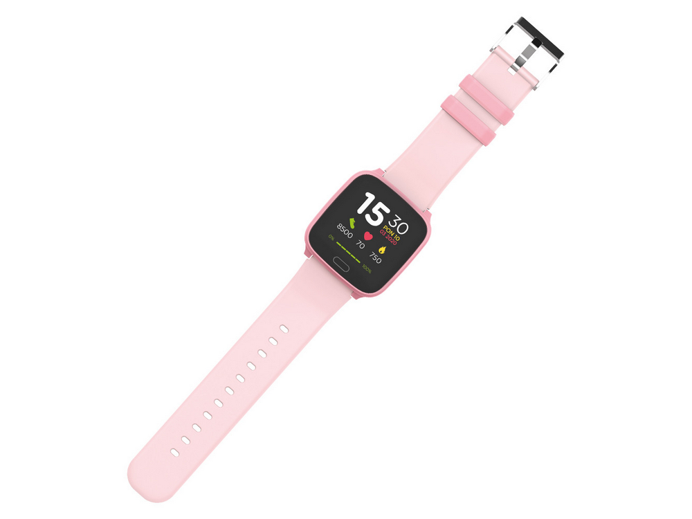 Smartwatch rosa con correa rosa, mostrando hora y métricas de salud, sobre fondo blanco.