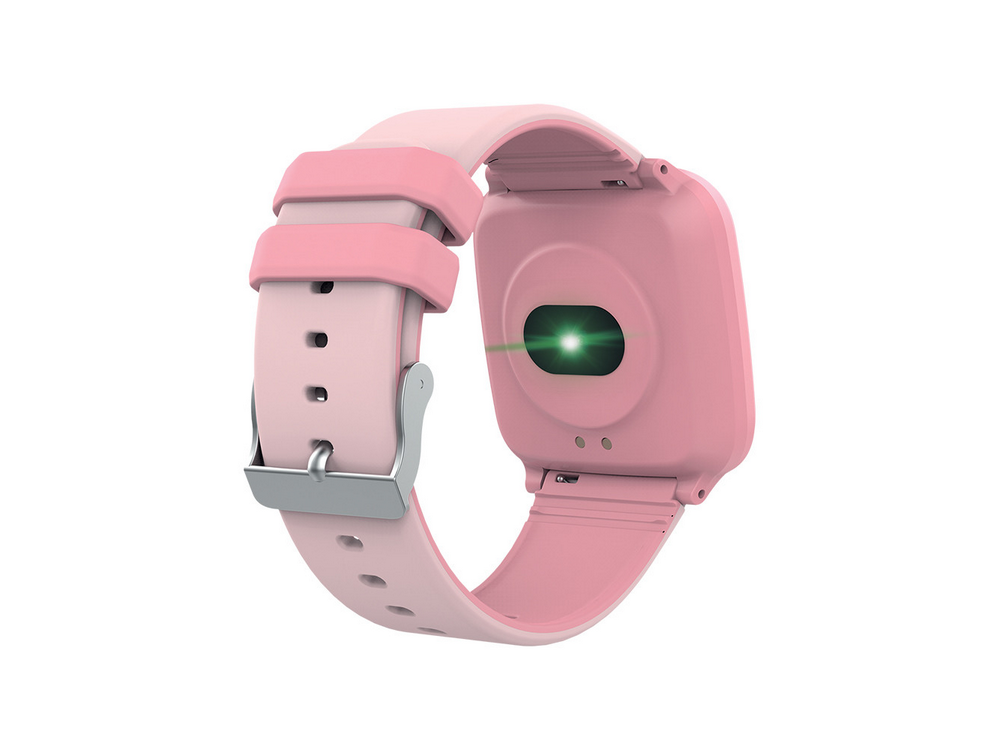 Smartwatch rosa, vista trasera con luz verde del sensor. Correa rosa y hebilla plateada. Fondo blanco.