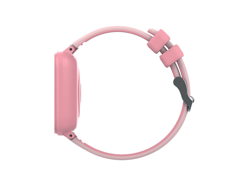 Smartwatch rosa, vista lateral, con correa rosa y cierre plateado, fondo blanco.