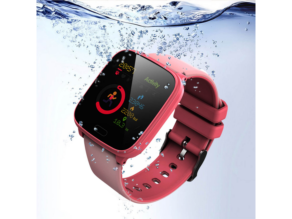 Reloj inteligente rosa con correa roja. Muestra una pantalla con datos de actividad y está sumergido en agua.