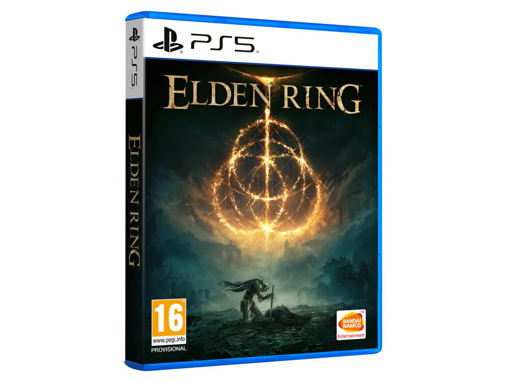 Caja del juego Elden Ring PS5. Fondo negro, un anillo dorado brillante y una figura.