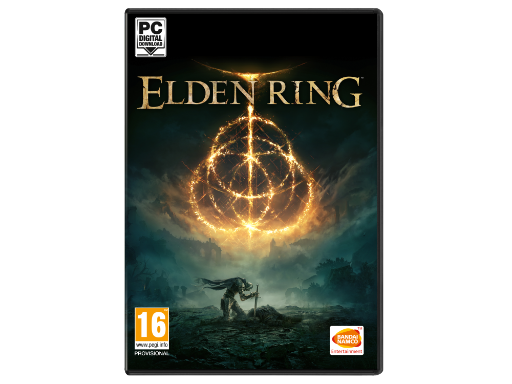 Caja del juego Elden Ring, con un personaje con una espada y un árbol dorado.