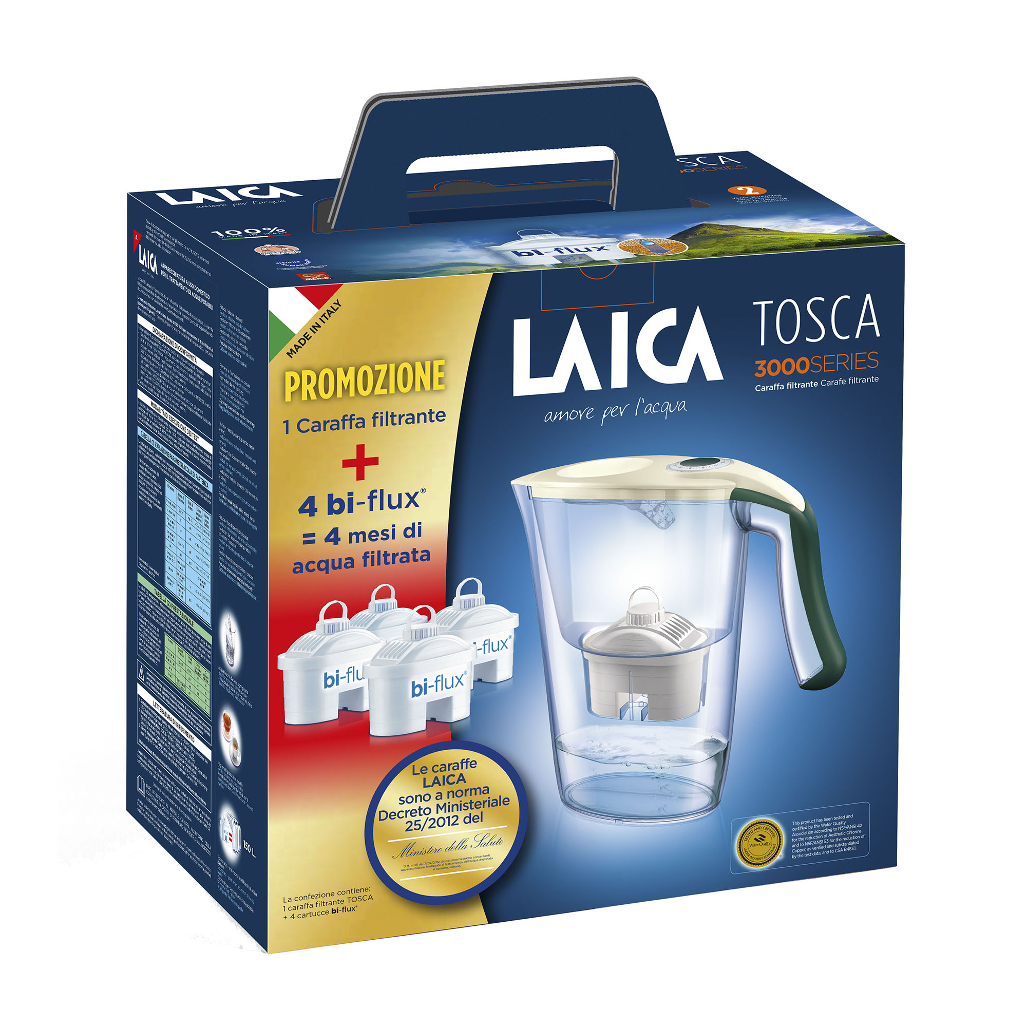 Scatola del filtro dell'acqua. Include una caraffa filtrante e tre cartucce filtranti. Il marchio è LAICA.
