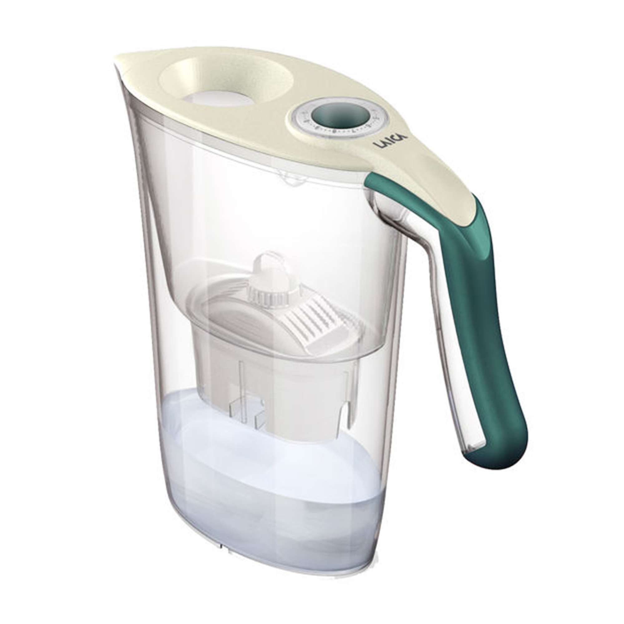 Una caraffa filtrante bianca e verde con manico e filtro bianco all'interno.