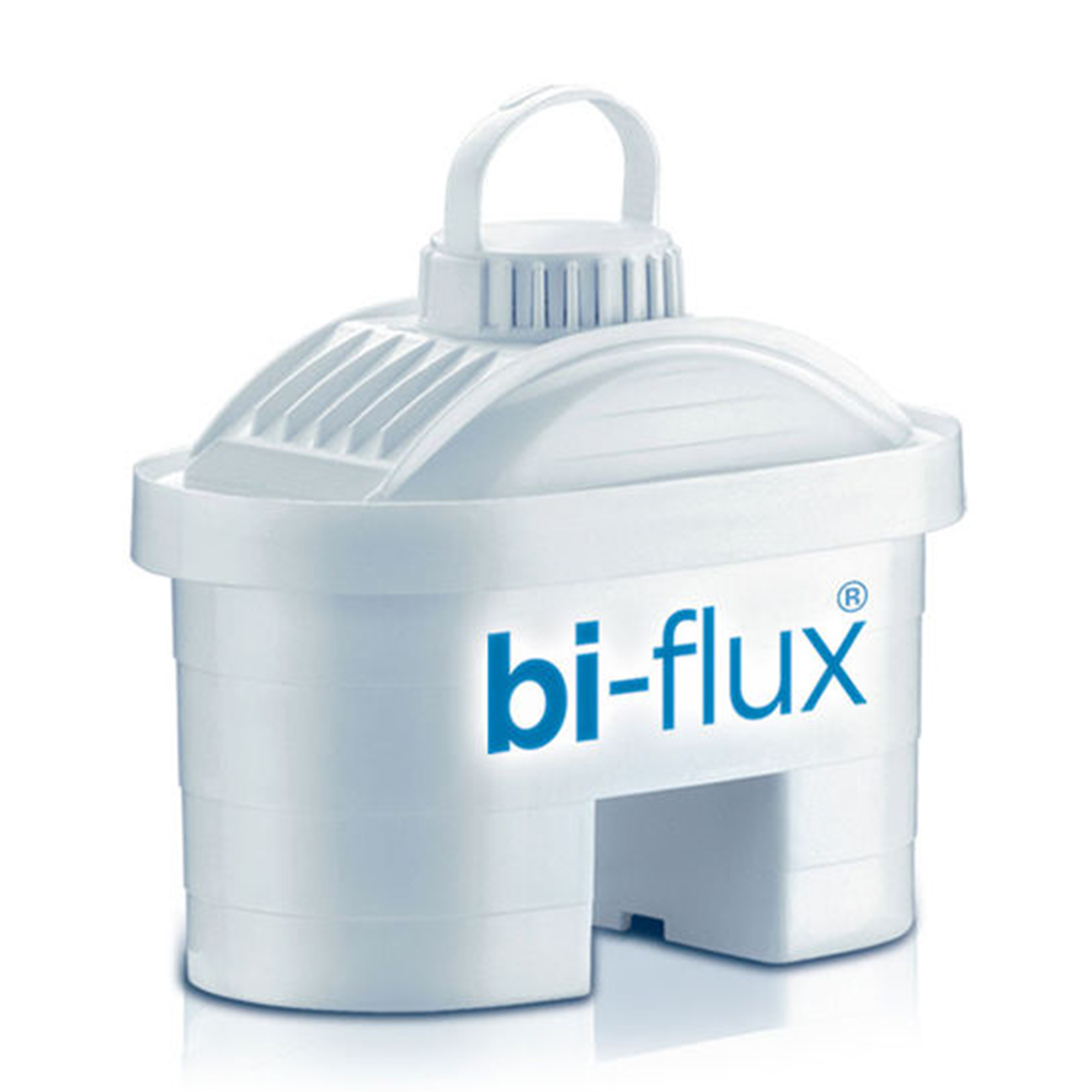Cartuccia filtrante per acqua bi-flux bianca, con il nome del marchio in blu.