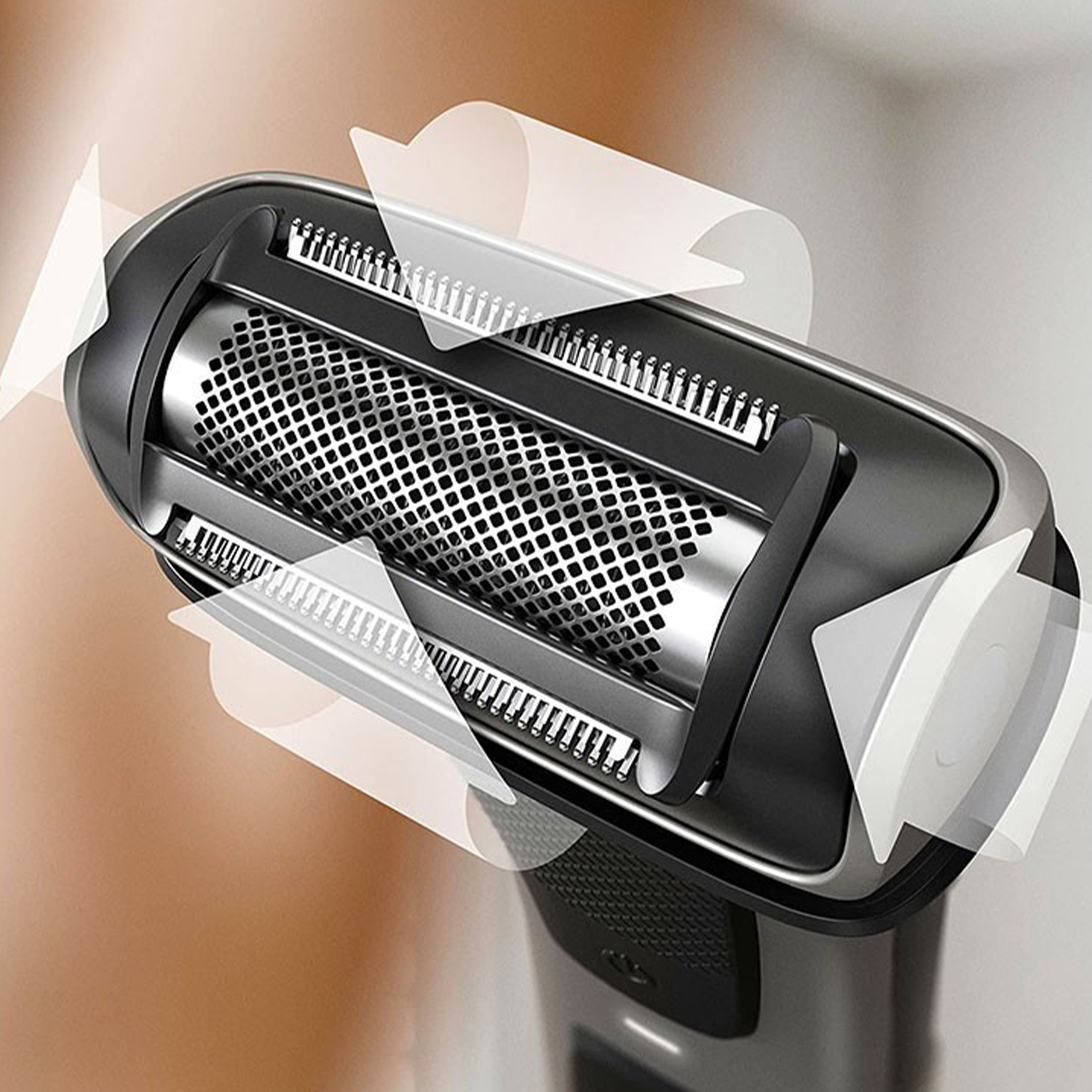 Primo piano della testina del rasoio Philips che mostra le lame e la rete.