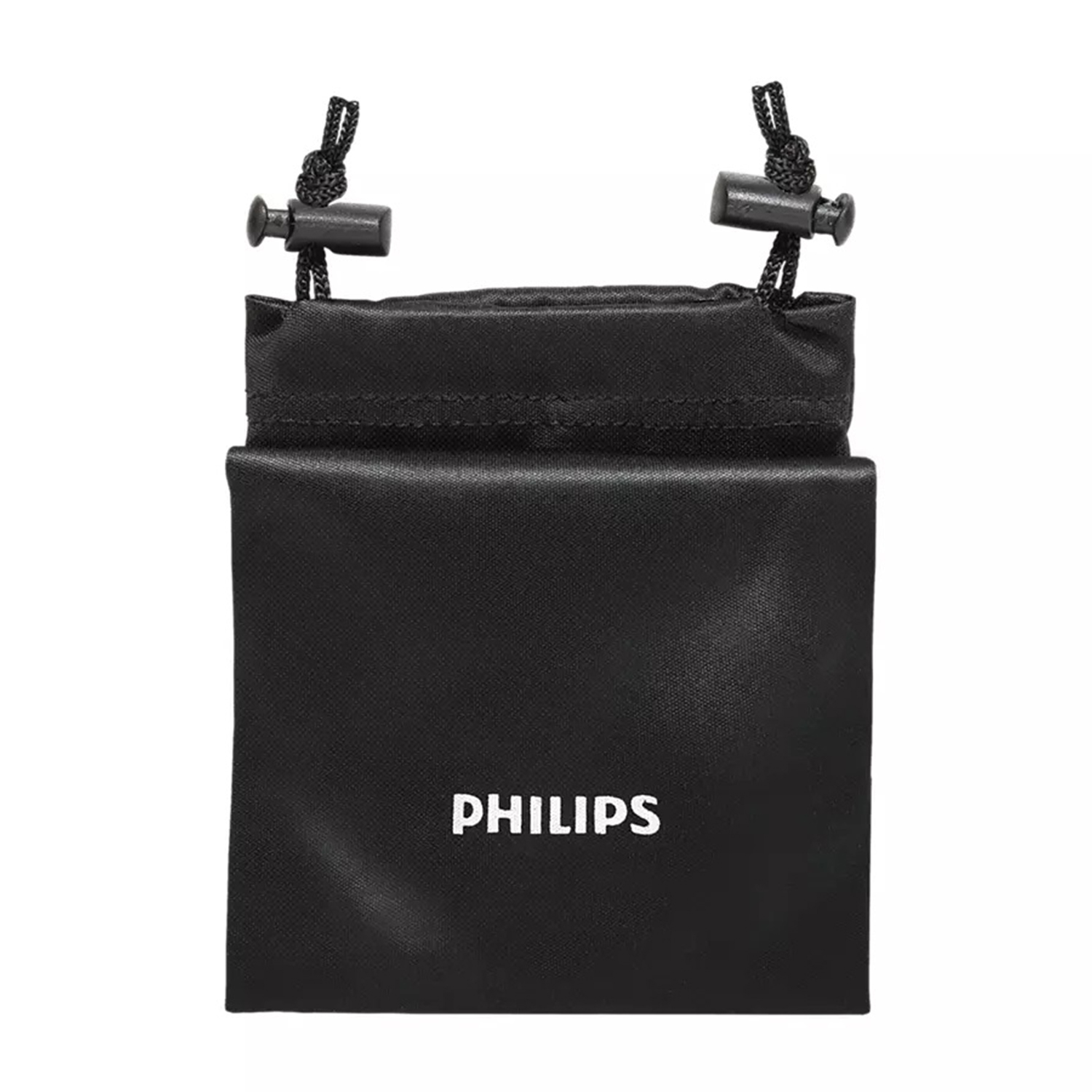 Un sacchetto nero con la scritta PHILIPS. Ha lacci e una piccola apertura in alto.