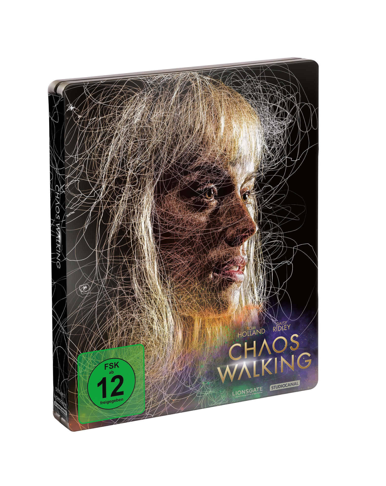Filmcover für 'Chaos Walking'. Zeigt ein Frauengesicht mit abstrakten Linien, dem Titel und Logos.