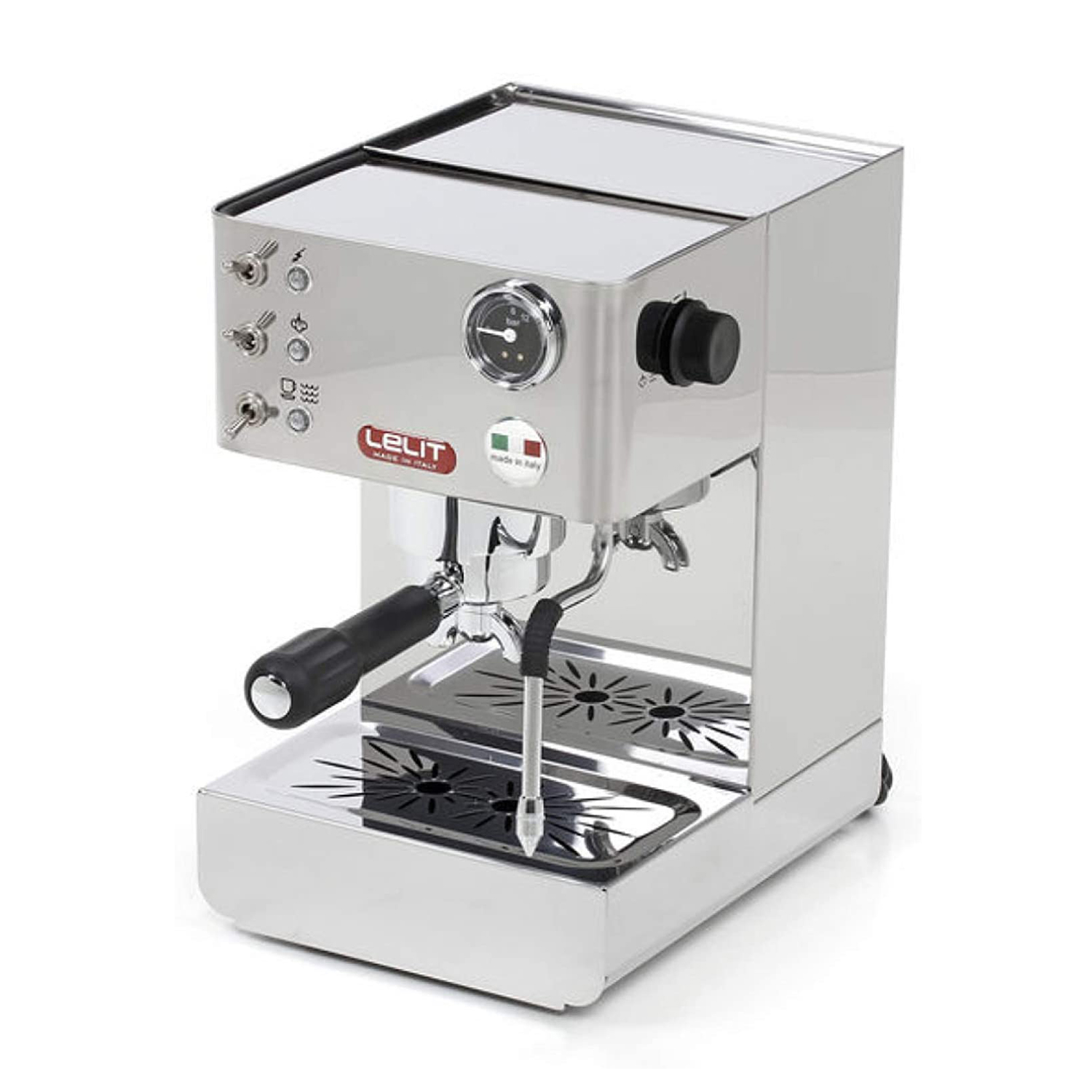 Macchina per caffè espresso in acciaio inossidabile con manico e manometro neri, su sfondo bianco.