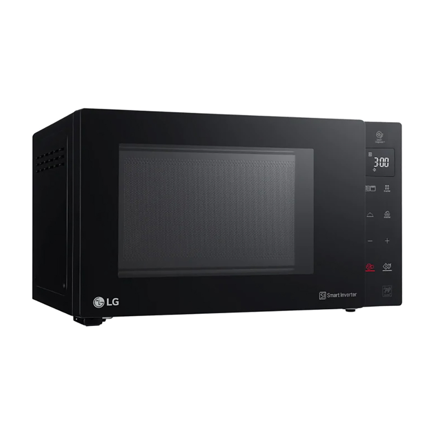 Un forno a microonde LG nero con display digitale e pannello di controllo.