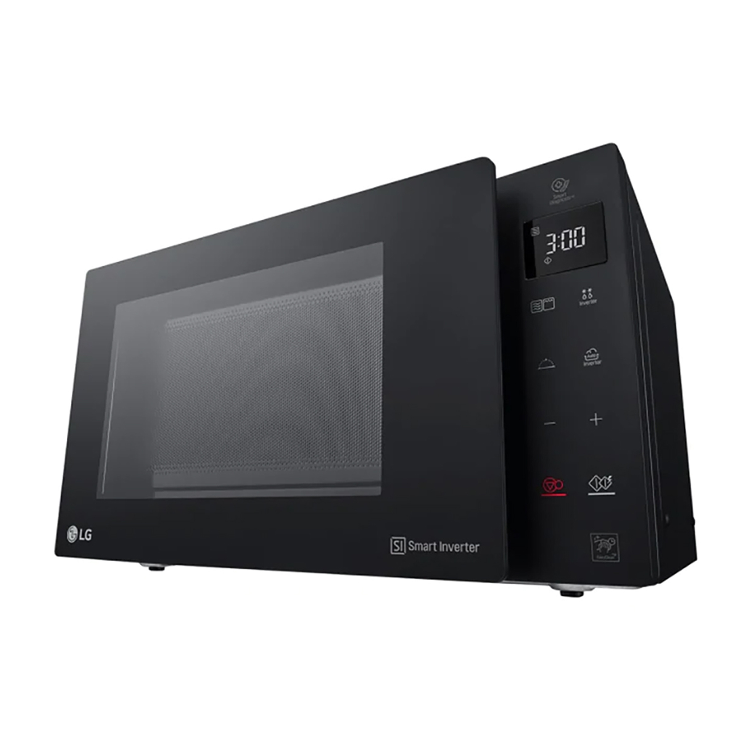 Microonde LG nero. Il microonde è chiuso con un display digitale che mostra l'ora e i pulsanti di controllo.