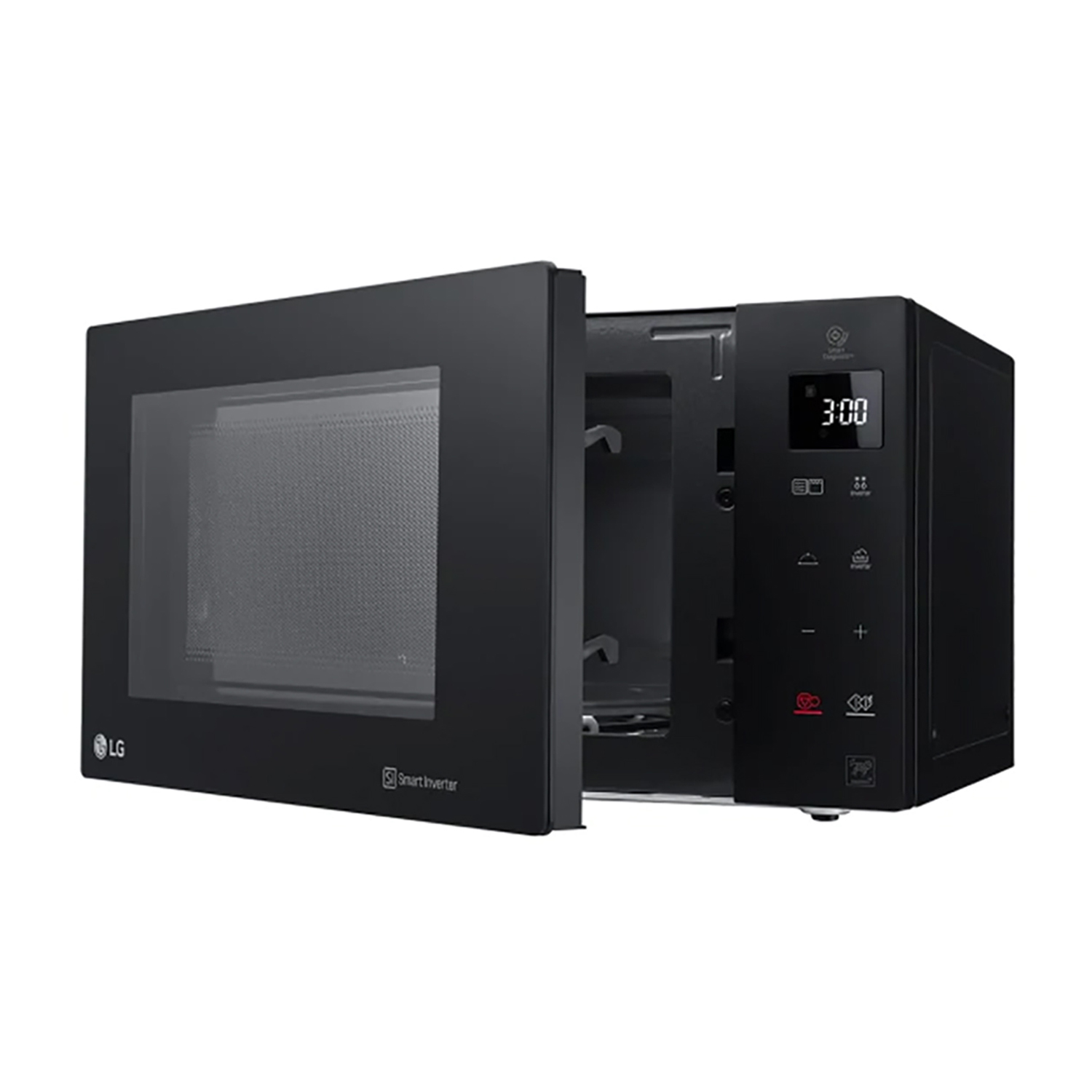 Forno a microonde LG nero con la porta aperta, che mostra l'interno e il display digitale.