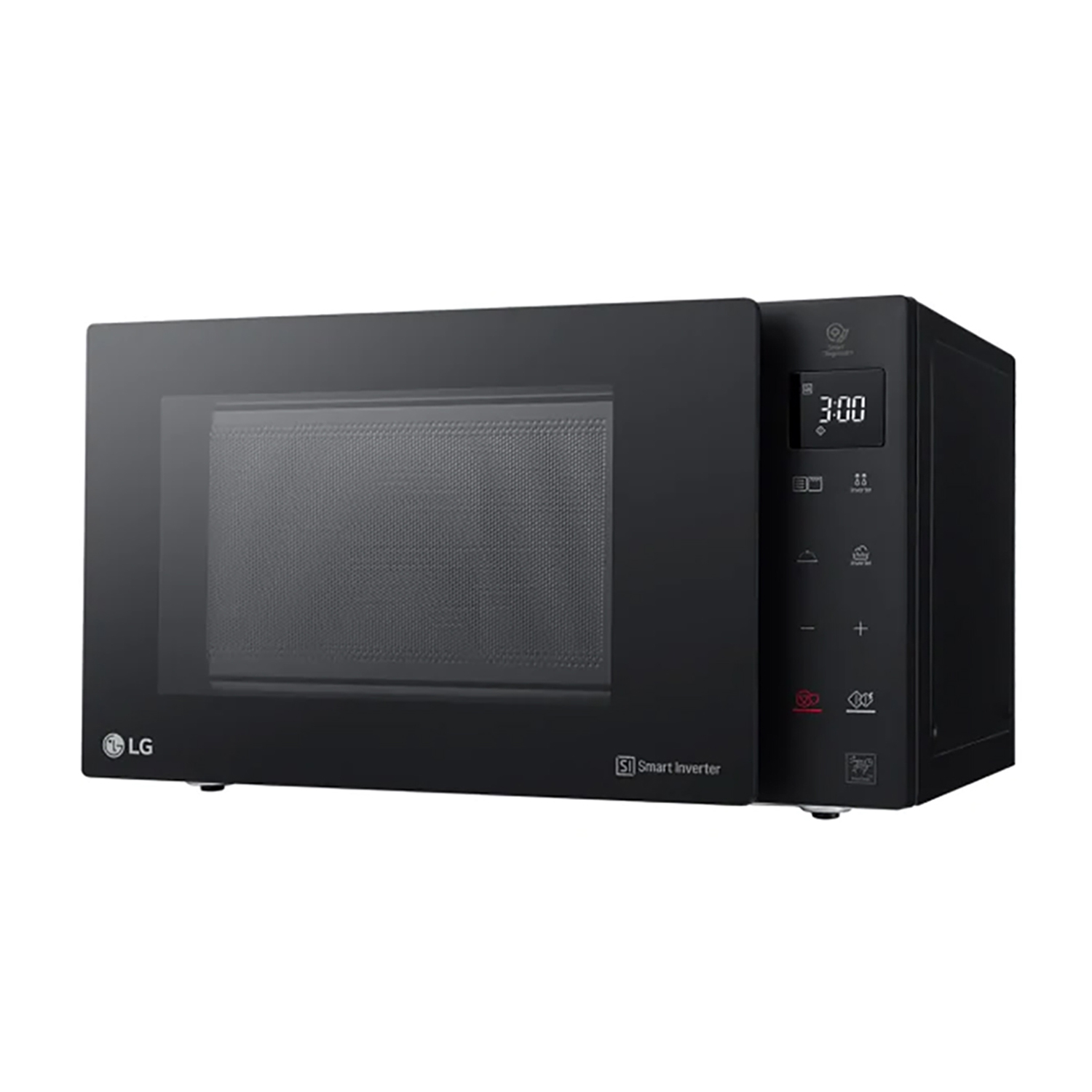 Un forno a microonde LG nero con display digitale e pulsanti di controllo, isolato su sfondo bianco.