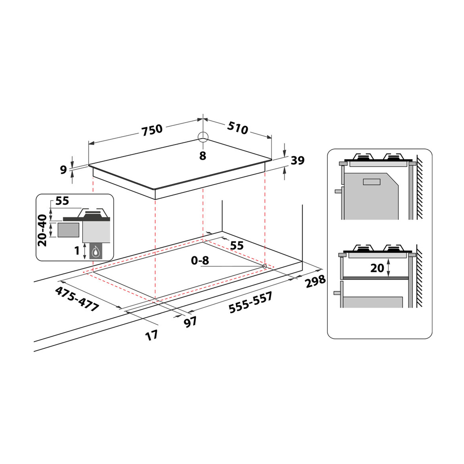 Disegno tecnico di un piano cottura a induzione con dimensioni e dettagli di installazione.
