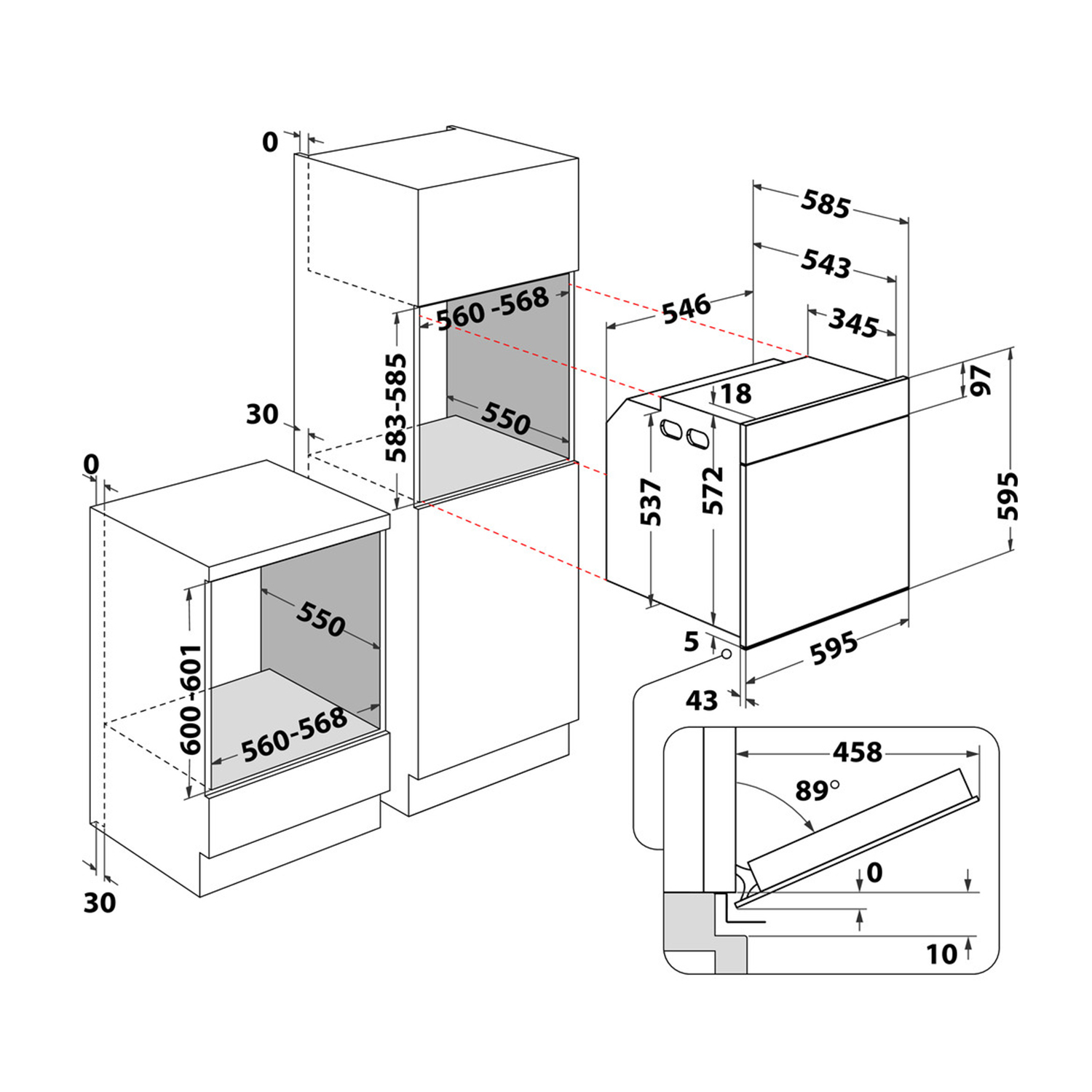 Schema di elettrodomestici da cucina ad incasso con dimensioni, con forno e microonde in un mobile.