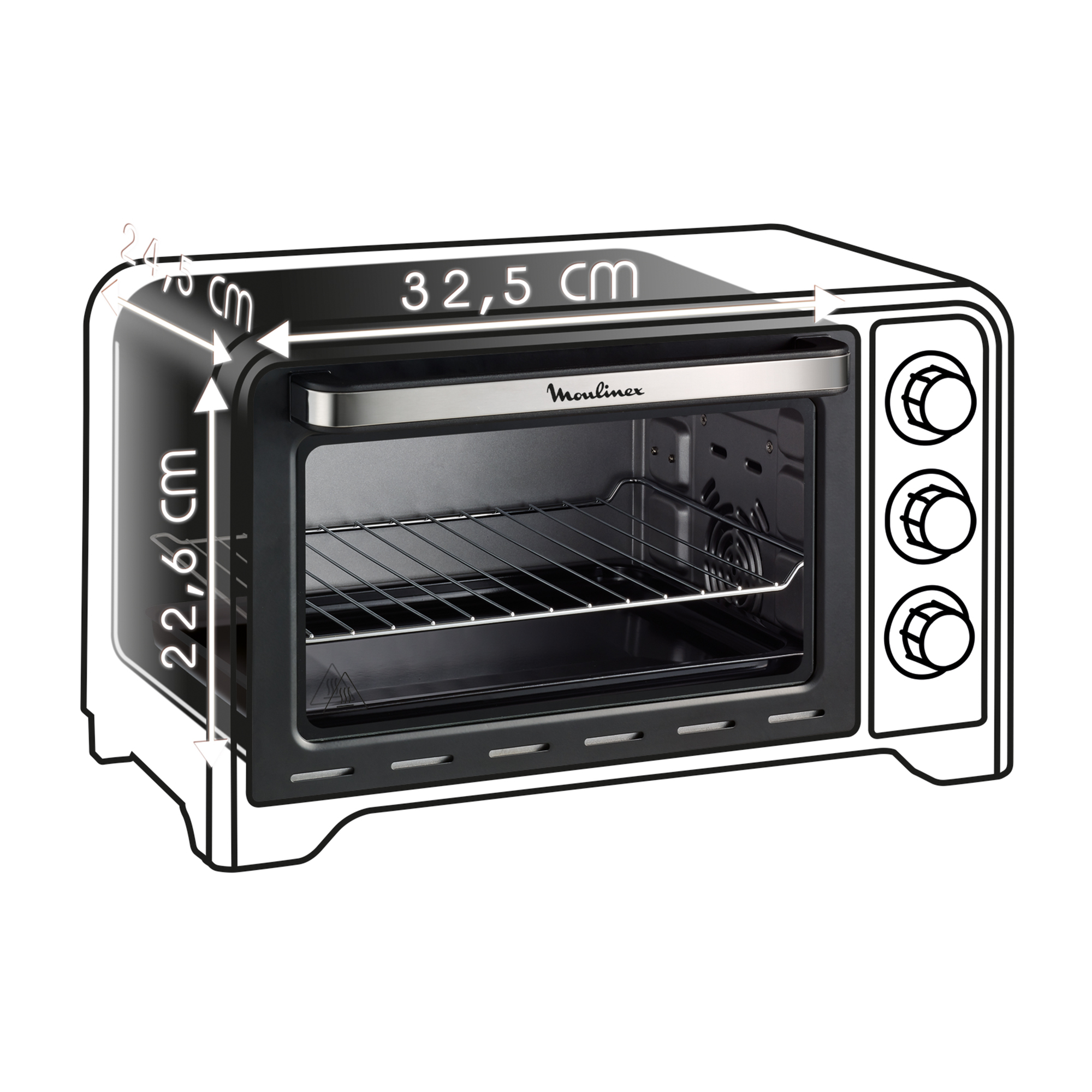 Un forno con misure in centimetri. Ha tre manopole e un frontale nero con dimensioni.