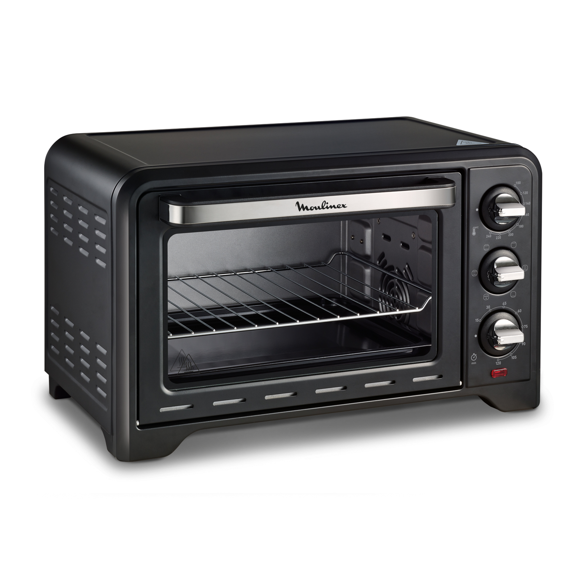 Forno Moulinex nero con accessori. Su sfondo bianco, accessori davanti.