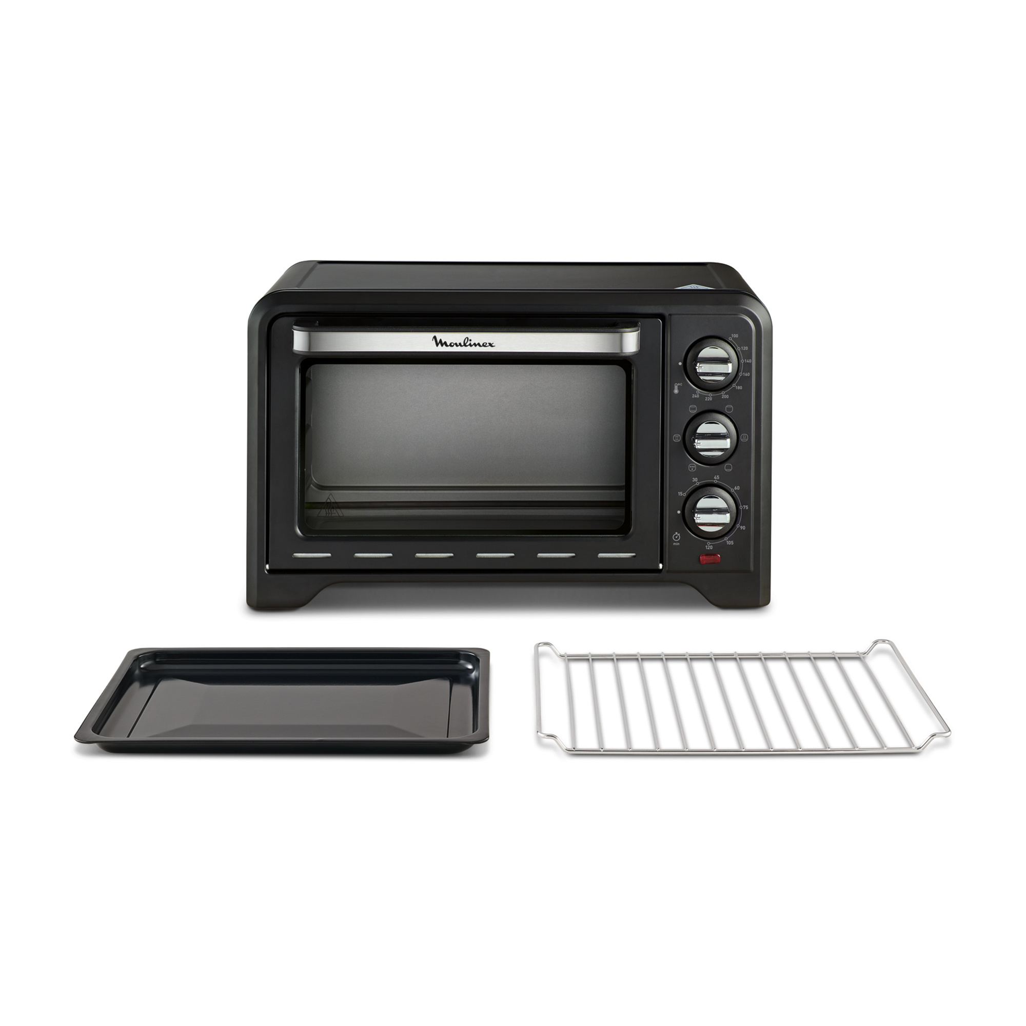 Forno Moulinex nero con vassoio e griglia. Sfondo bianco.