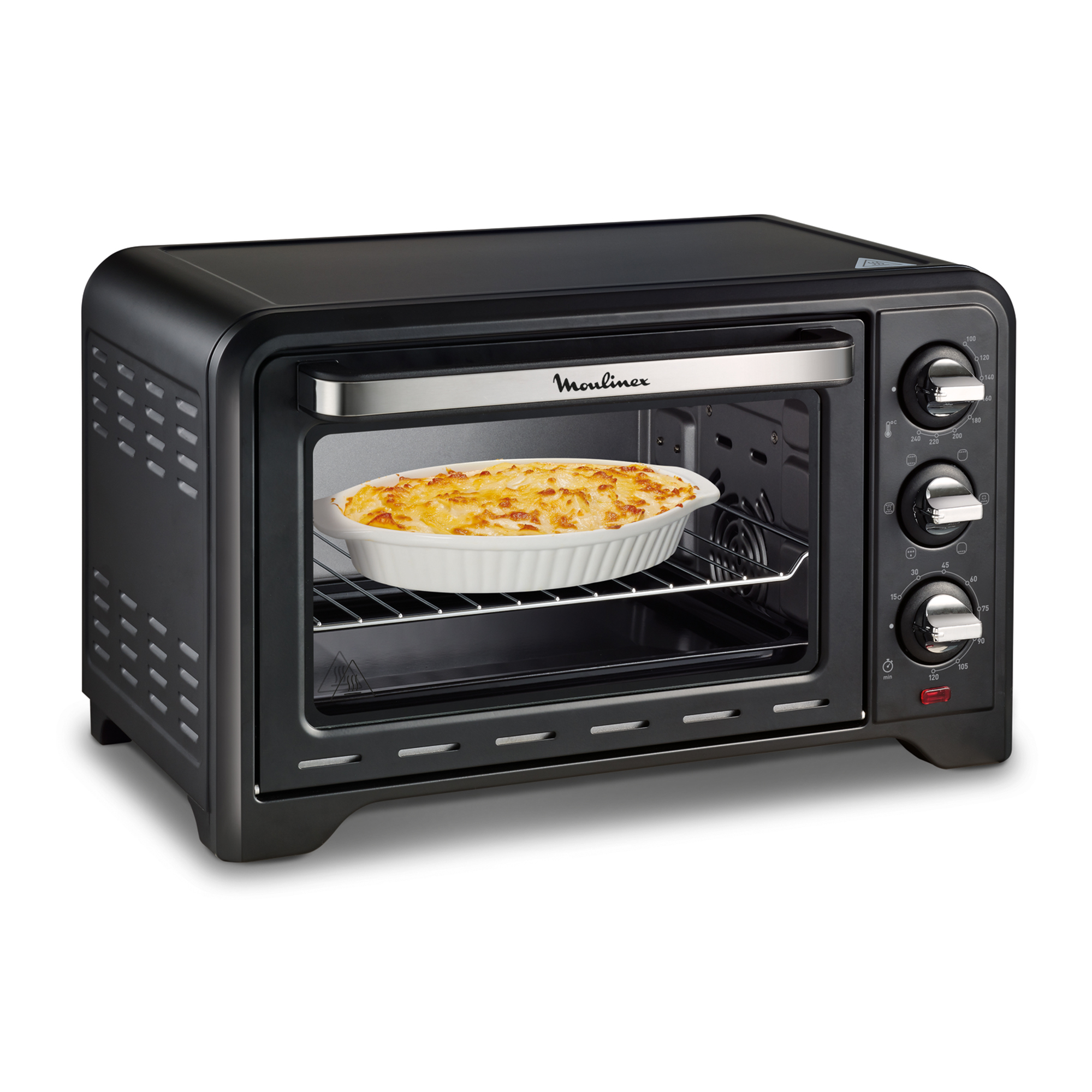 Forno Moulinex nero con un vassoio di cibo all'interno su una superficie bianca.