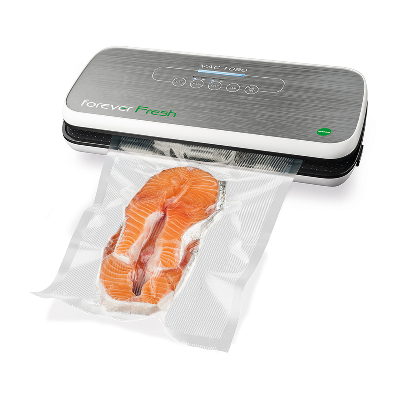 Sigillatrice sottovuoto con pezzo di salmone in un sacchetto di plastica, su sfondo bianco.