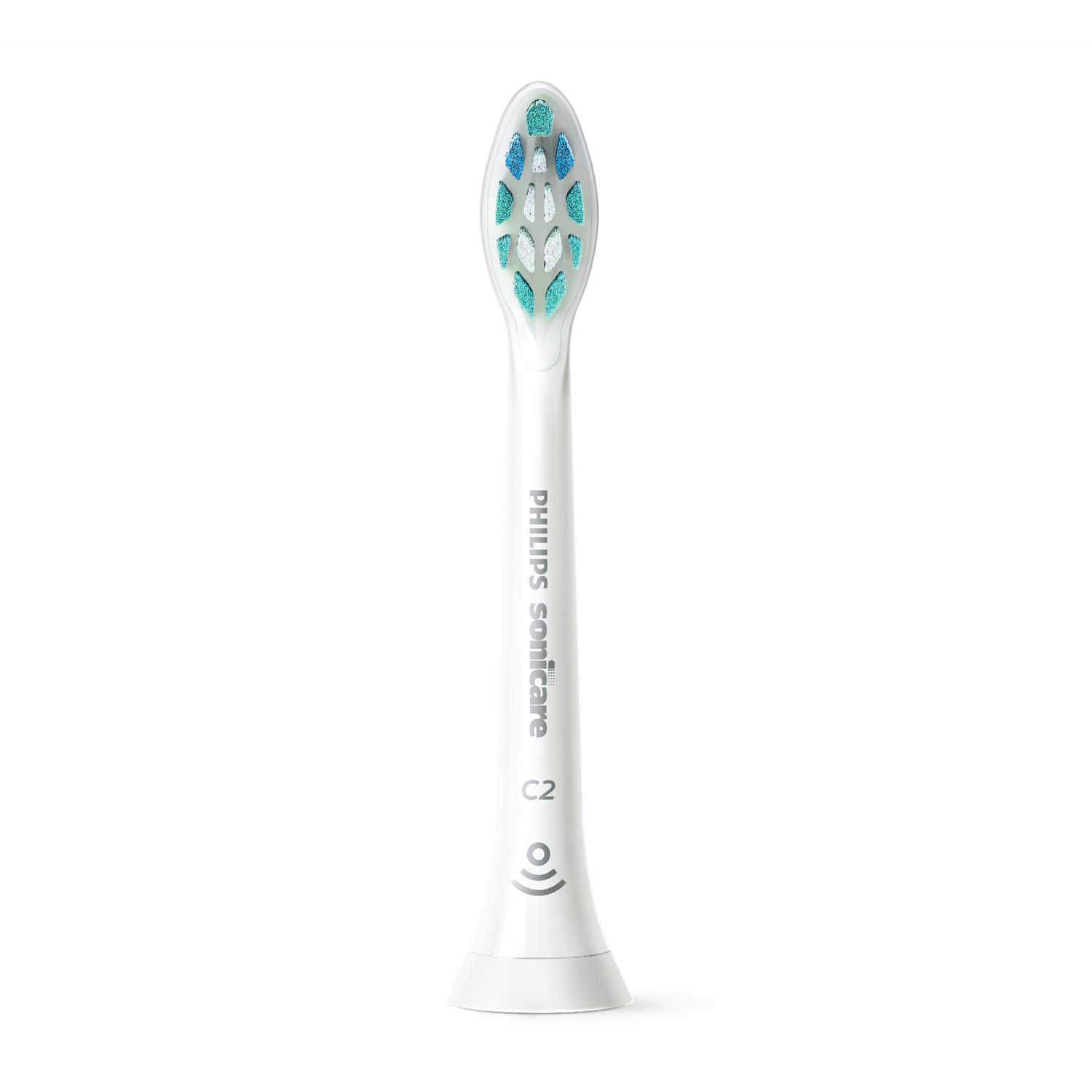 Testina per spazzolino Philips Sonicare bianca con setole blu e verdi. Il marchio è visibile.