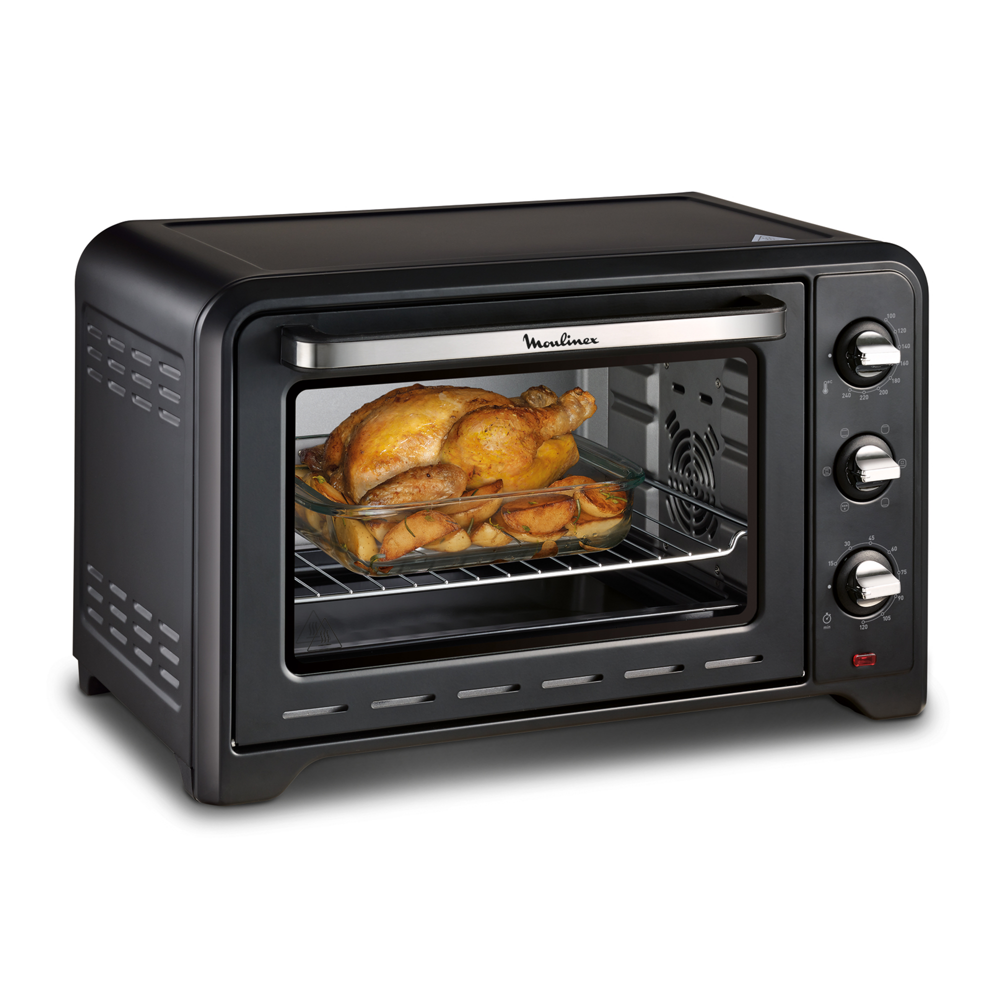 Forno Moulinex nero con pollo arrosto e patate. Ha manopole sul lato destro.