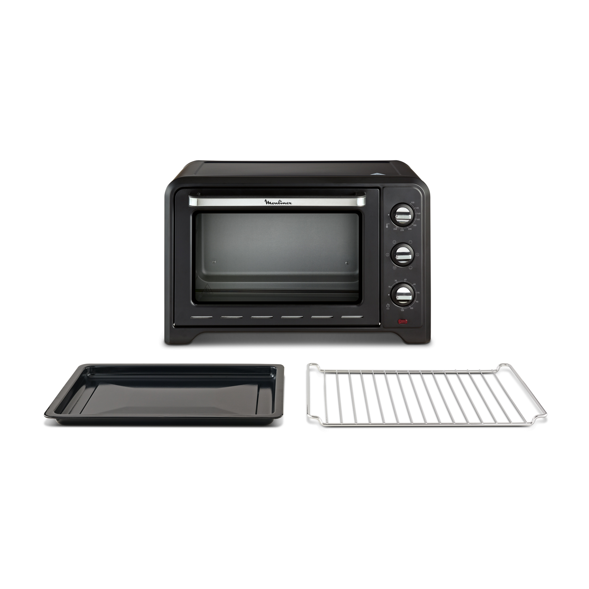 Forno Moulinex nero con vassoio e griglia. Il forno ha manopole e una porta in vetro. Sfondo bianco.