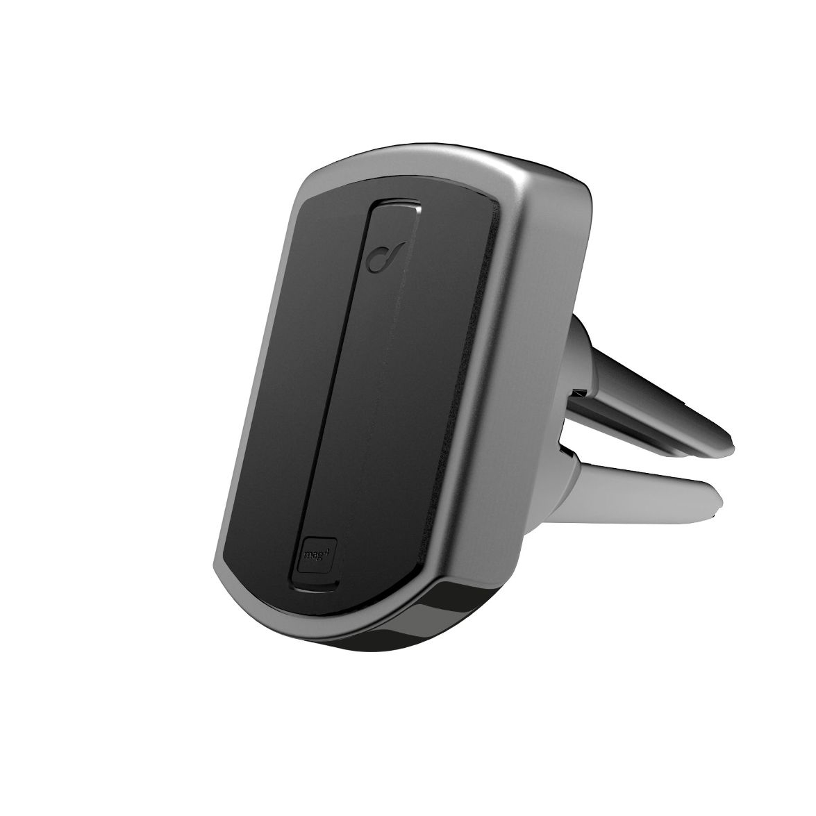 Supporto per telefono per bocchetta auto grigio e nero con logo.