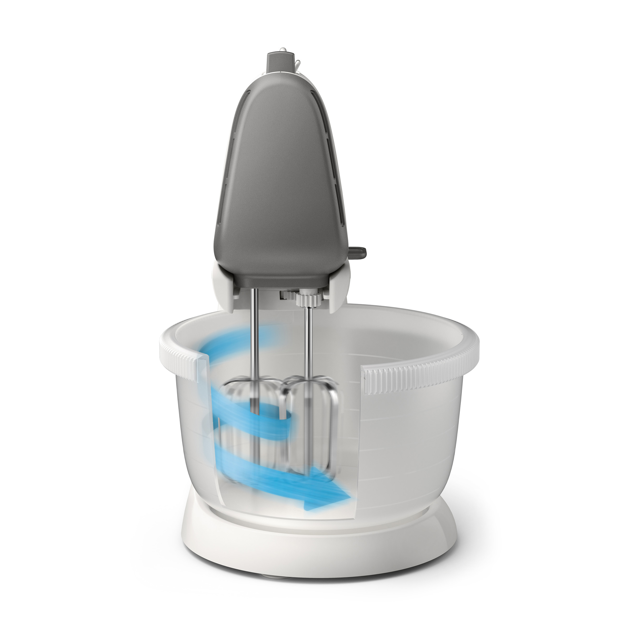 Un mixer bianco con frecce blu all'interno. Il mixer è in azione.