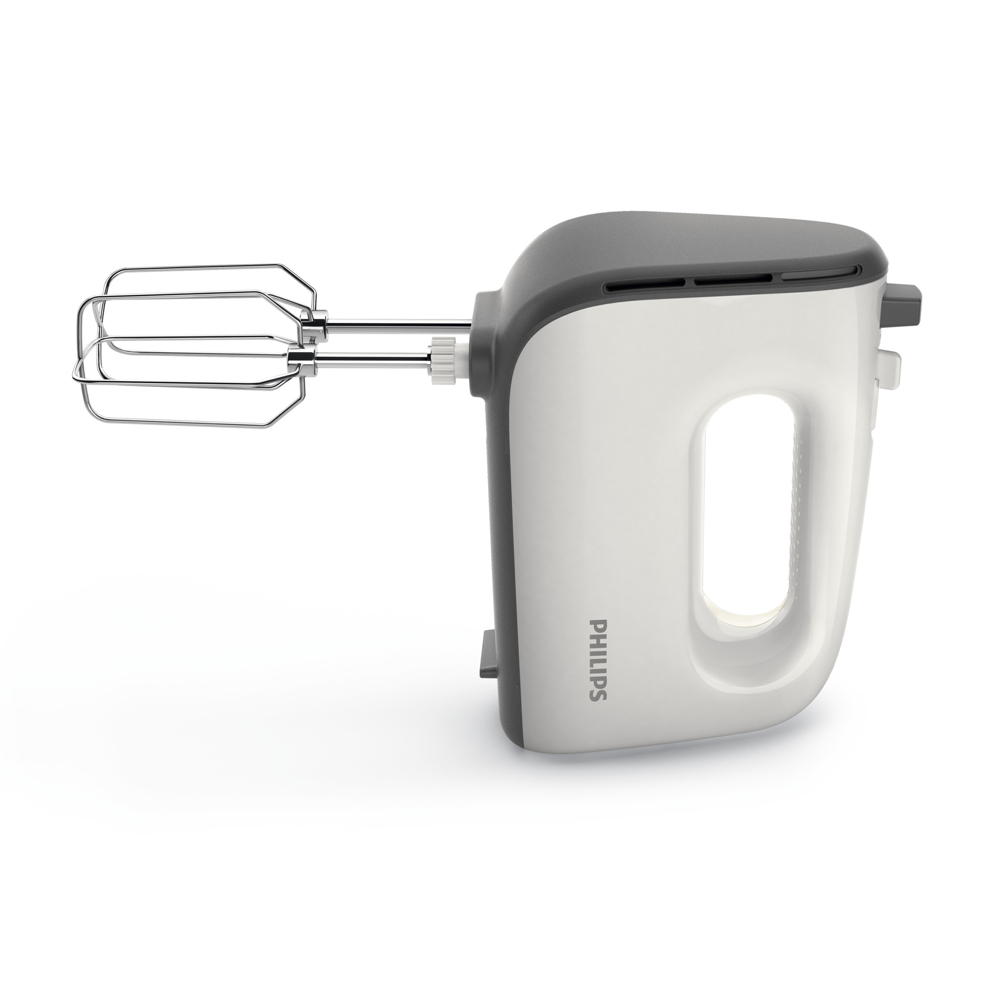 Frullatore a immersione, bianco e grigio, con fruste. Marchio Philips visibile.