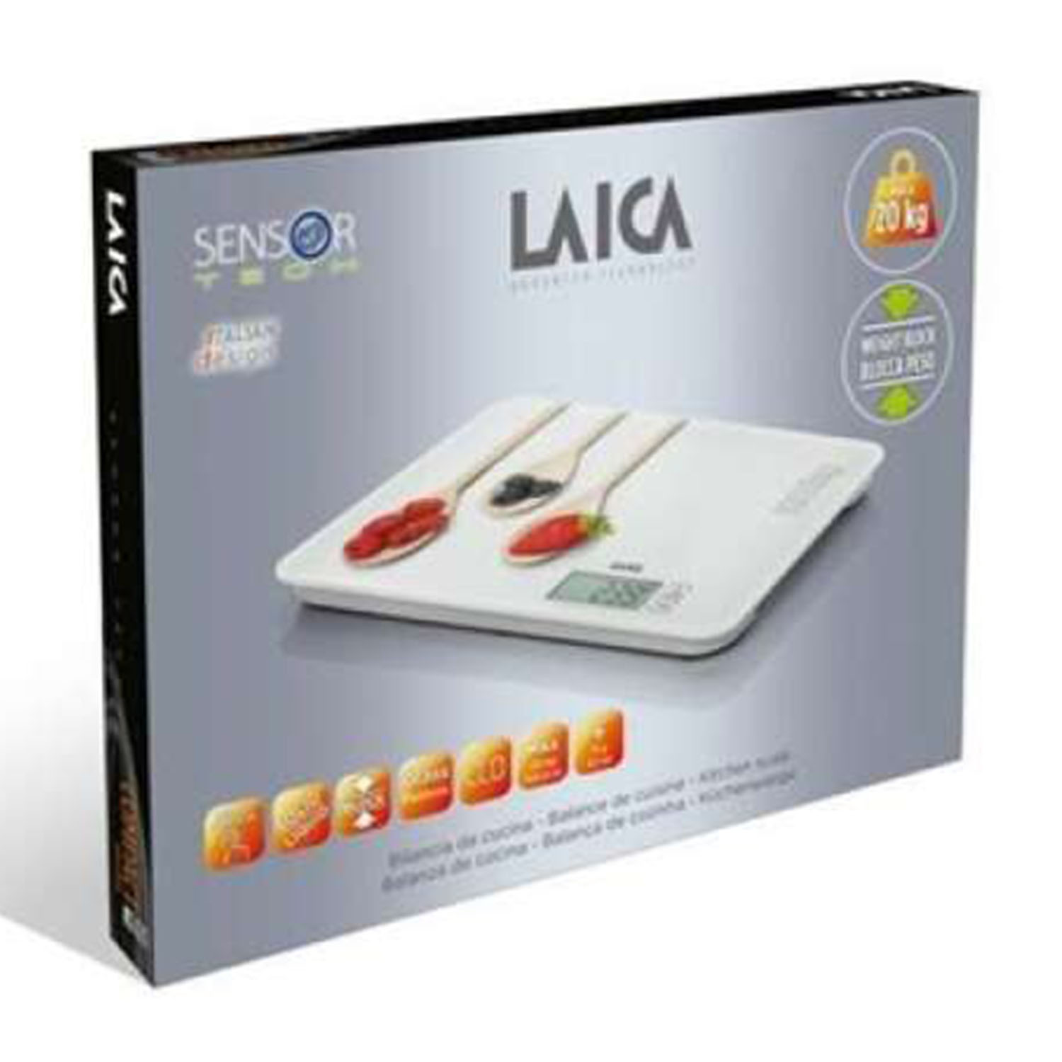 Bilancia da cucina digitale Laica con campioni di cibo sulla scatola.