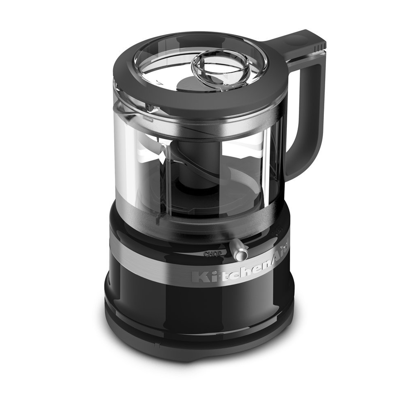 Robot da cucina nero con manico. Contenitore trasparente con lama all'interno.