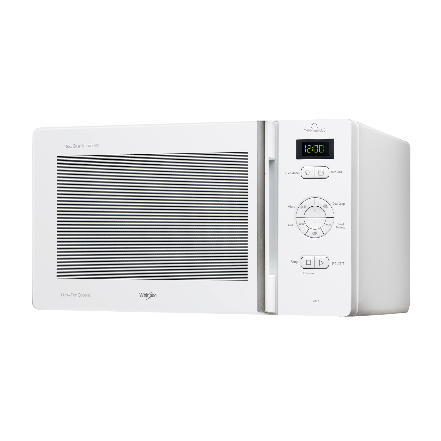 Forno a microonde Whirlpool bianco. Ha un display digitale dell'orologio e pulsanti di controllo a destra.