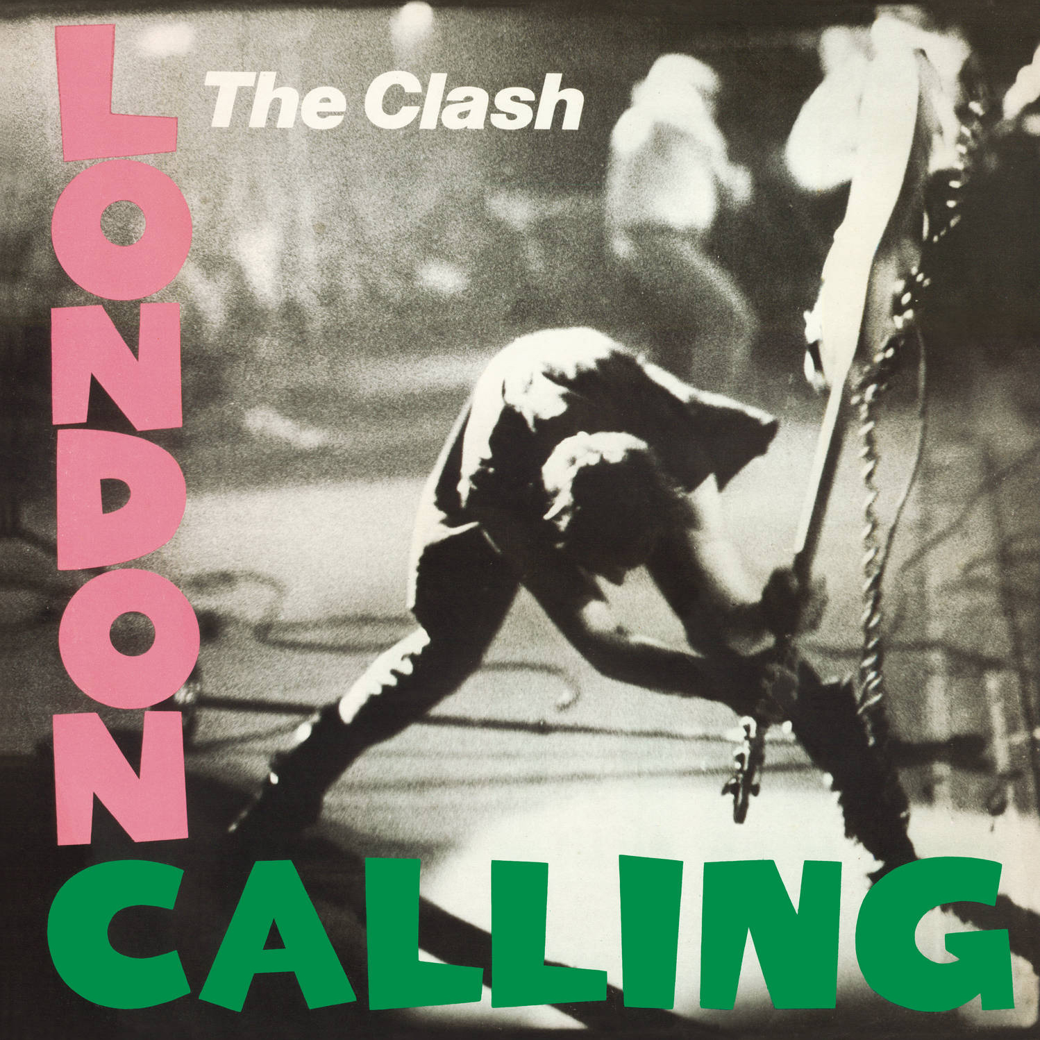 Copertina dell'album The Clash. Mostra una figura in movimento, con le parole 'London Calling' in rosa e verde.
