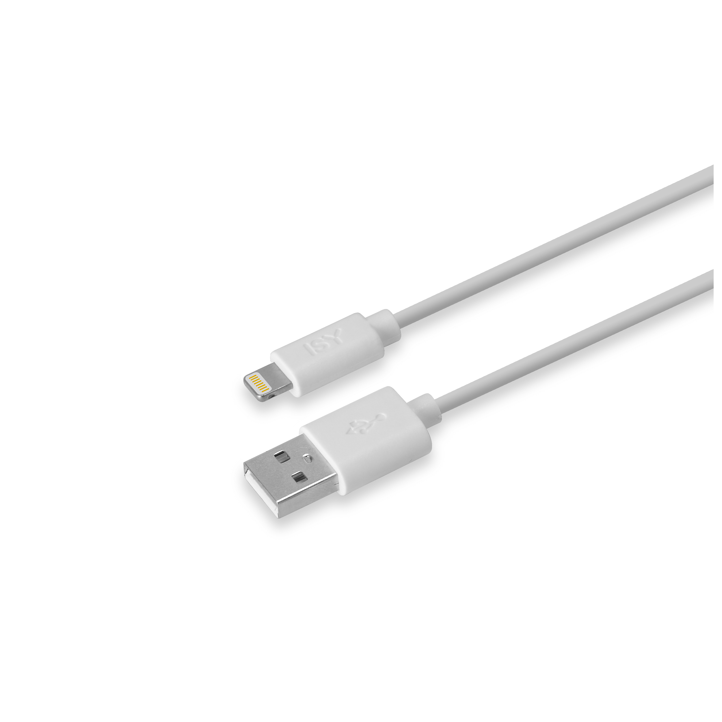 Un cavo USB-A a Lightning bianco con entrambi i connettori visibili.