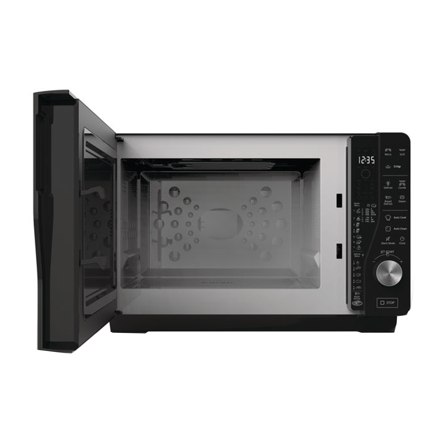 Un forno a microonde nero con la porta aperta, che rivela l'interno, e il display digitale visibile.