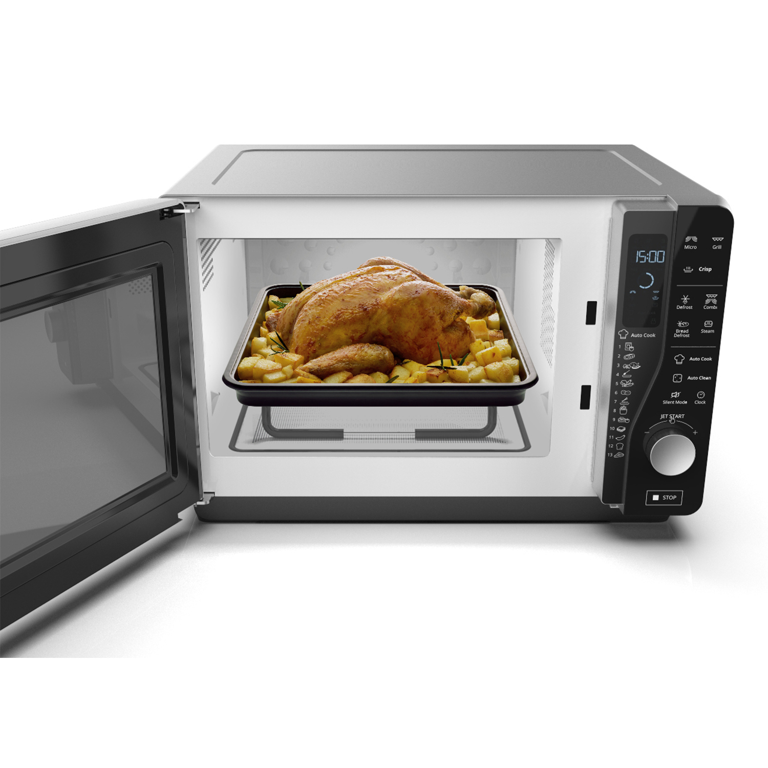Forno a microonde con porta aperta, un pollo arrosto su un vassoio e un display digitale.