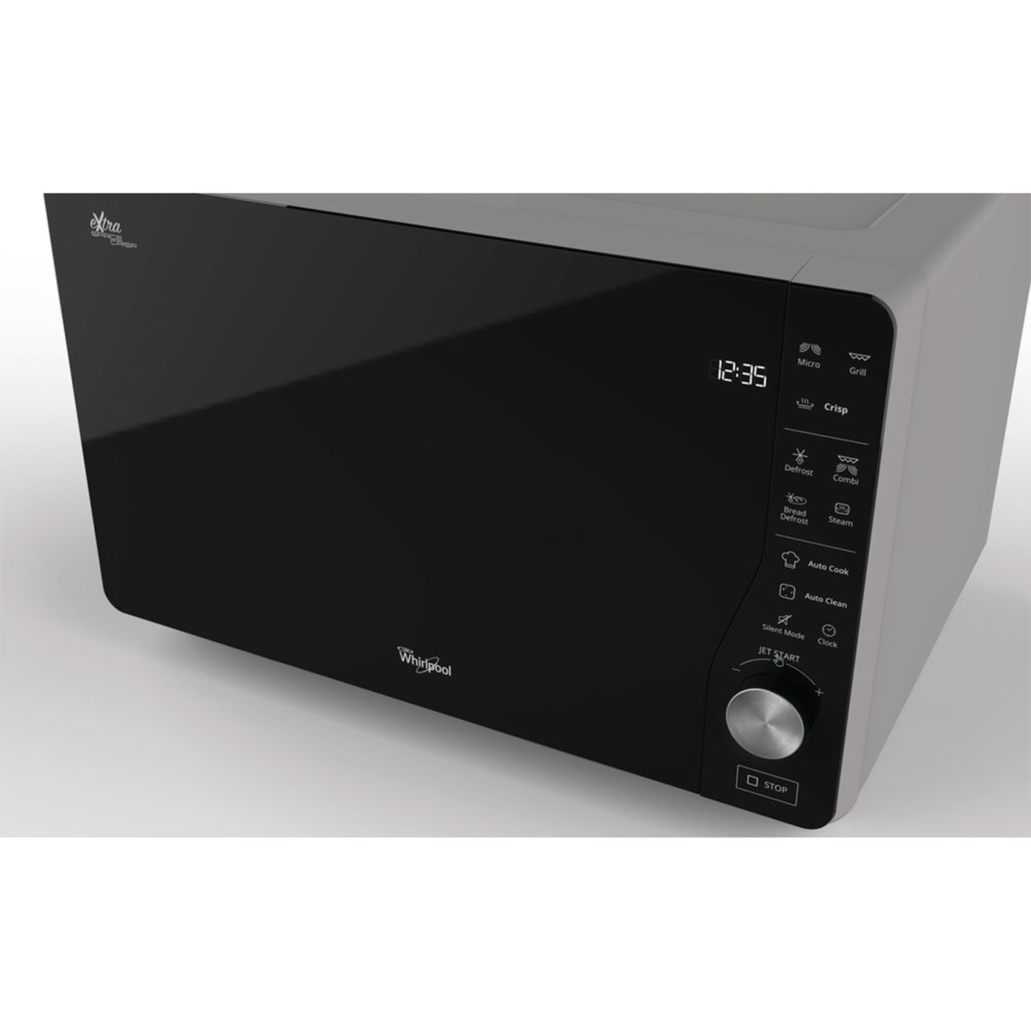 Un forno a microonde Whirlpool con porta nera chiusa, display digitale e pulsanti di controllo.