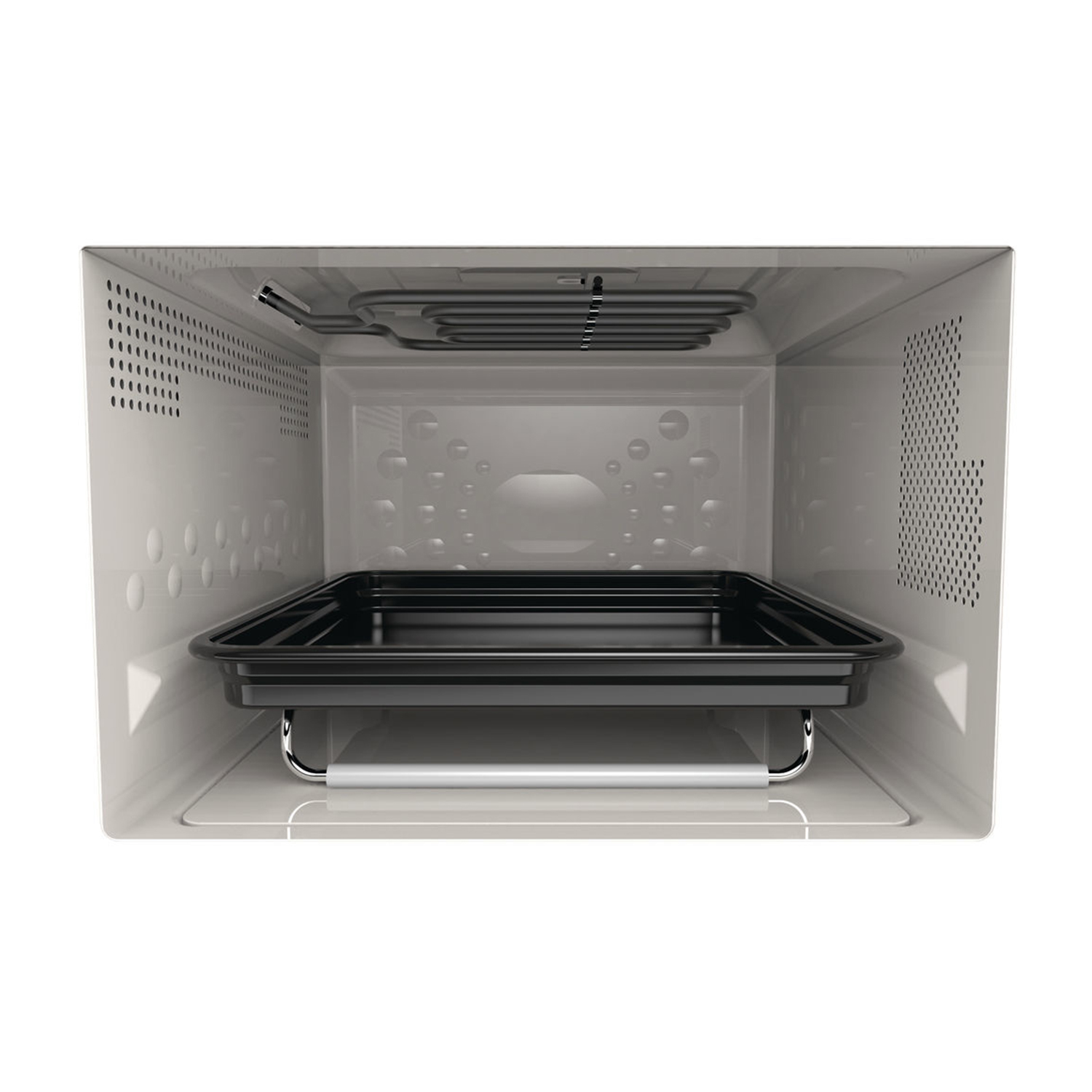 Interno di un forno. Vassoio nero, elemento riscaldante in alto, interno bianco.
