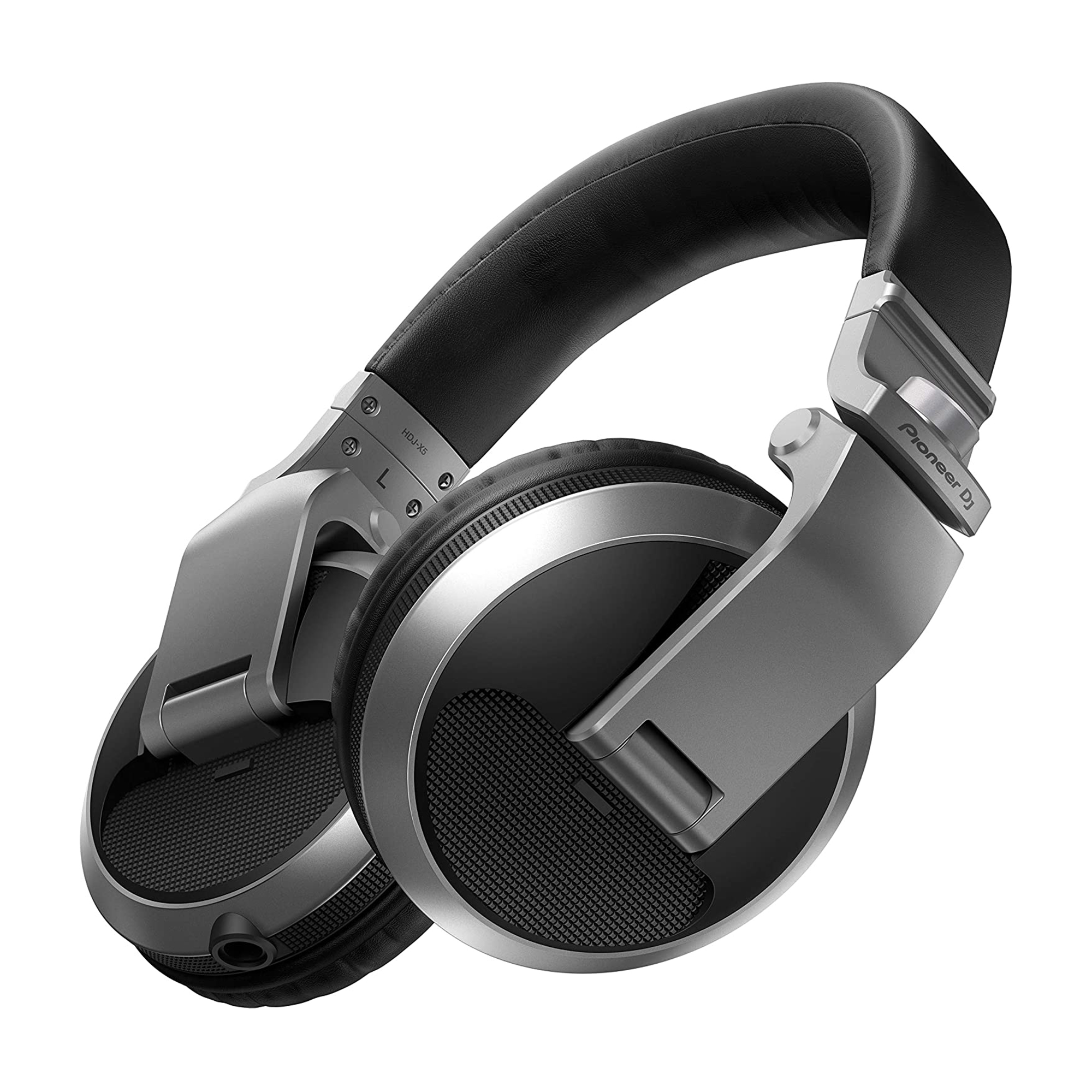 Cuffie da DJ argento e nere su sfondo bianco, con un design dettagliato.