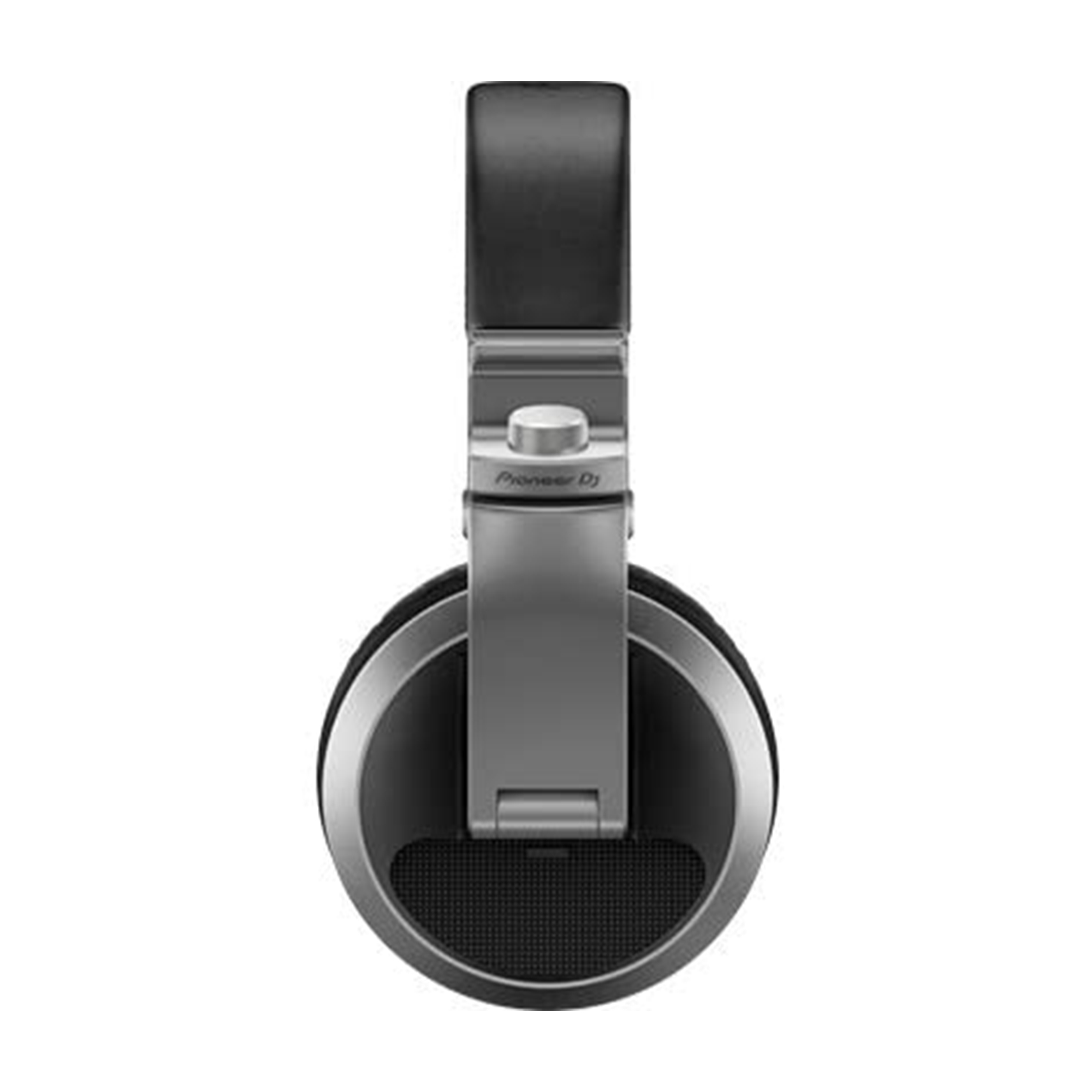 Un primo piano di cuffie nere e argento con un logo Pioneer DJ sulla parte superiore.