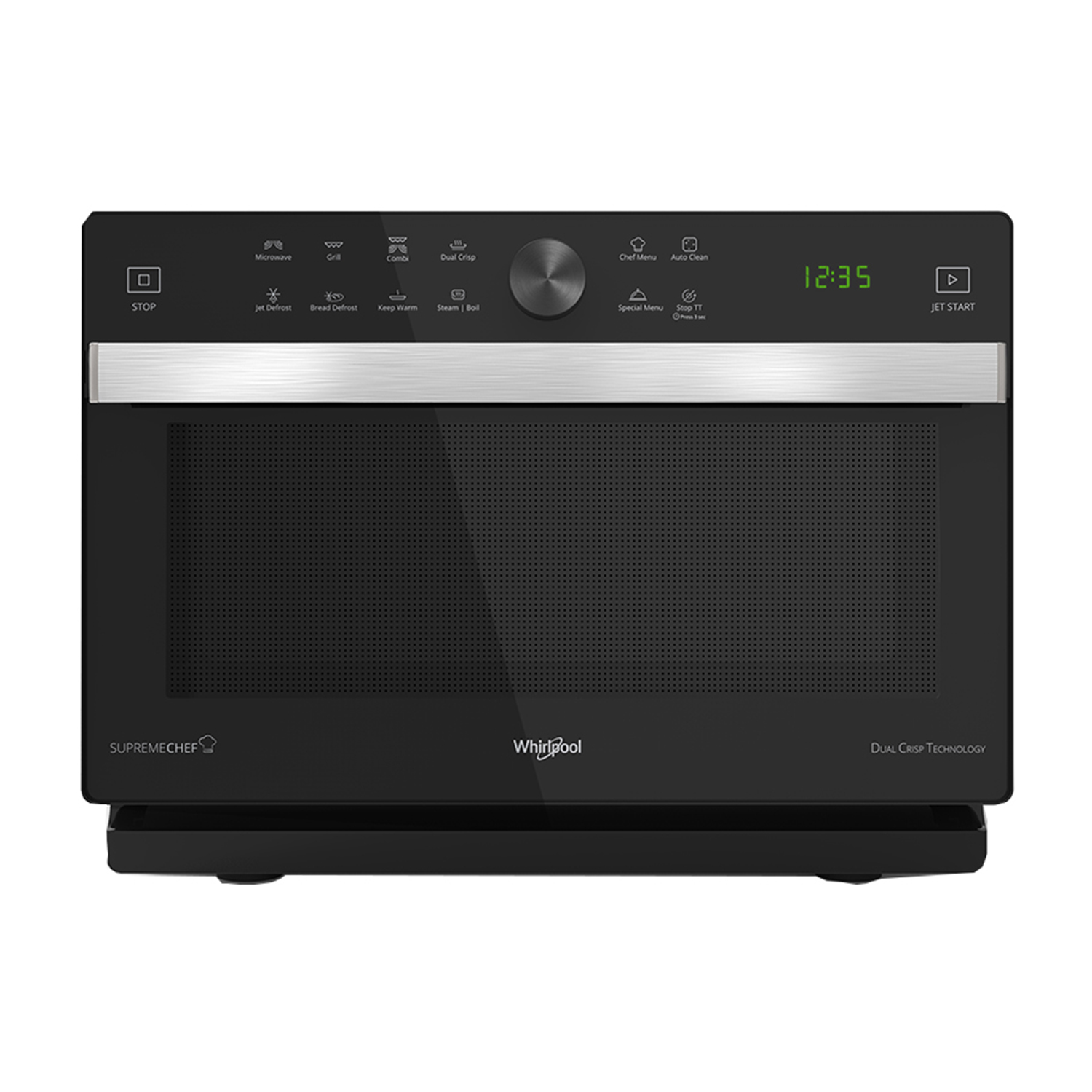 Forno a microonde nero. Ha vari pulsanti e un display digitale che mostra l'ora.