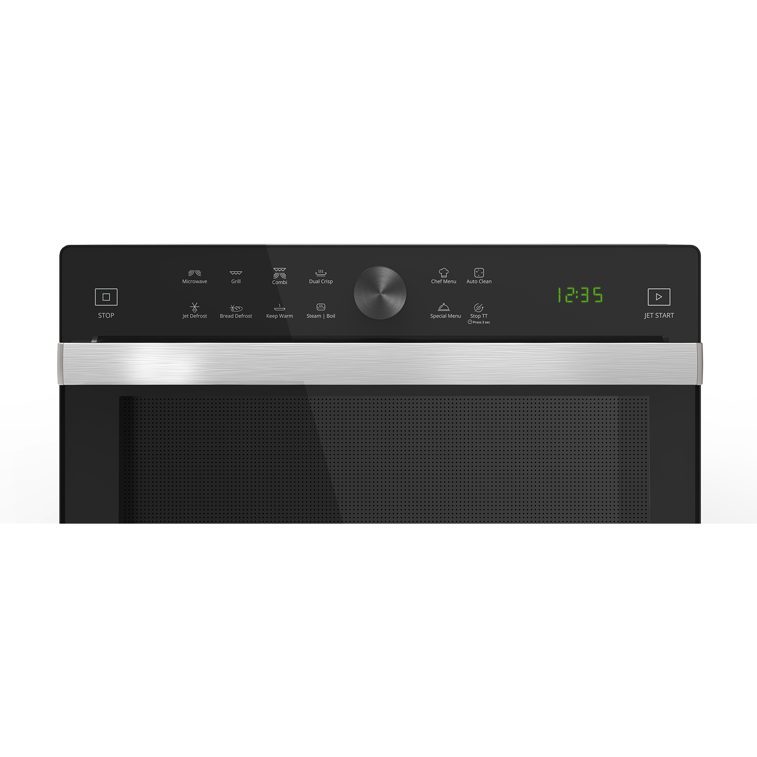 Un pannello di controllo del forno a microonde nero con display digitale e pulsanti.