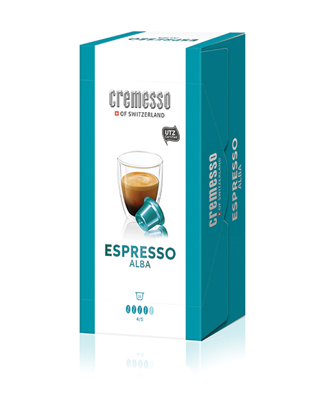 Egy fehér és türkiz Cremesso Espresso Alba kávékapszula doboz.