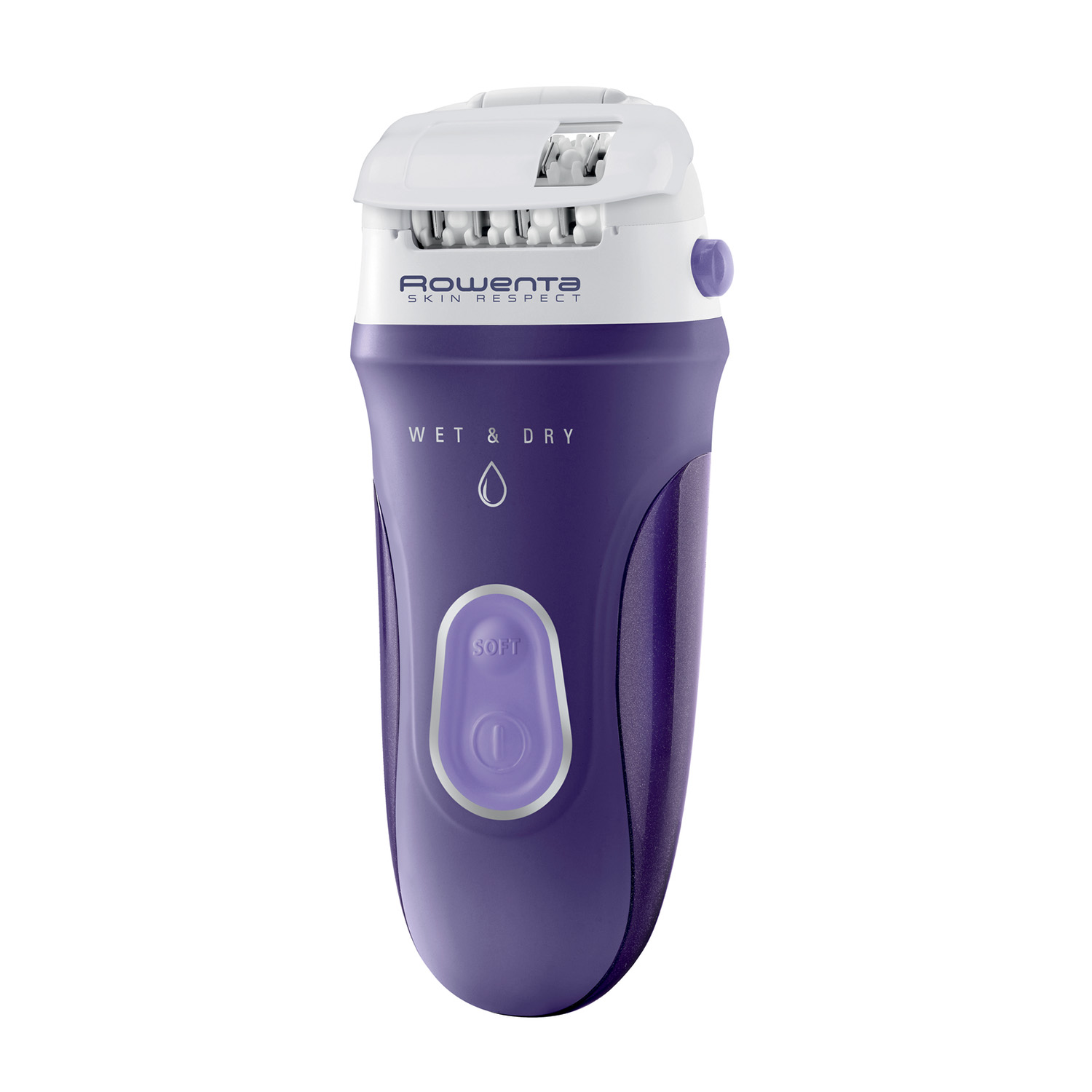 Un rasoio elettrico viola e bianco. C'è scritto Wet & Dry e ha un pulsante soft.