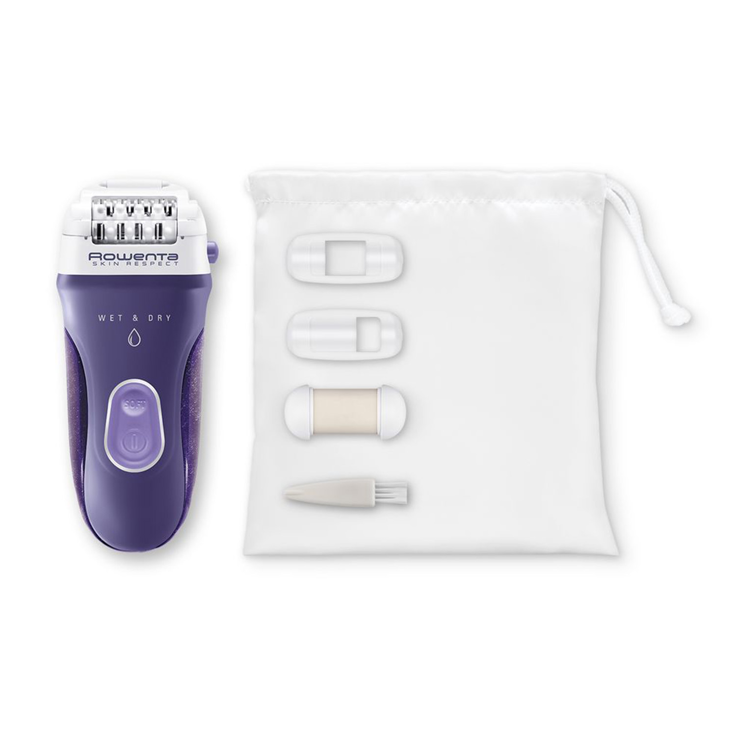 Un rasoio elettrico viola con accessori. Include una custodia e diversi accessori.