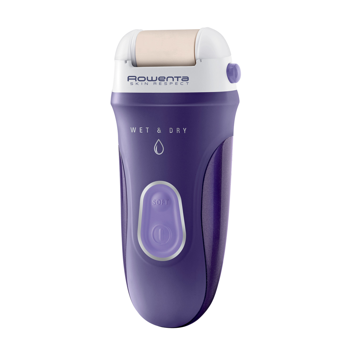 Lima elettrica per piedi viola e bianca. Marchio Rowenta, funzione wet & dry.