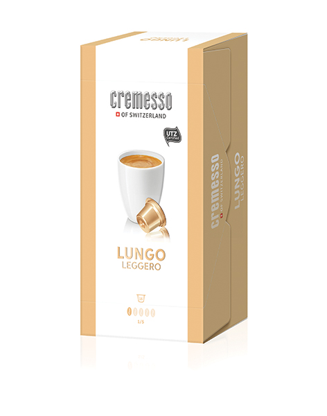 Kávékapszula doboz kávéscsésze képpel és 'Lungo Leggero' felirattal.