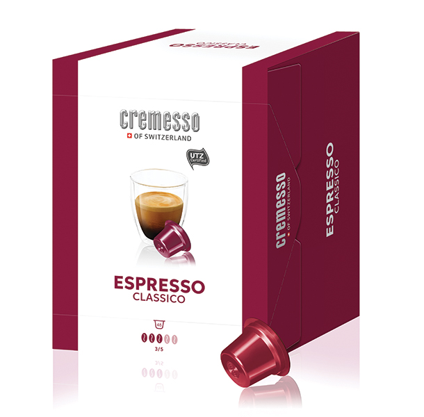 Espresso kapszulák doboza. A doboz piros, egy pohár presszóval és egy kapszulával.